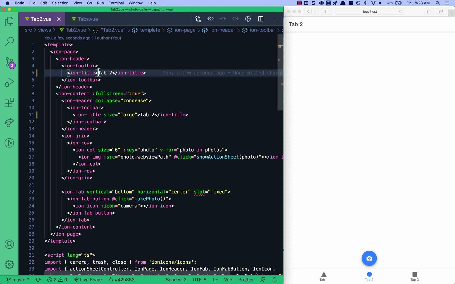 Live Reload Feature in Ionic App Animated GIF showing the live reload feature in an Ionic app, with changes in code immediately updating the app in a web browser.